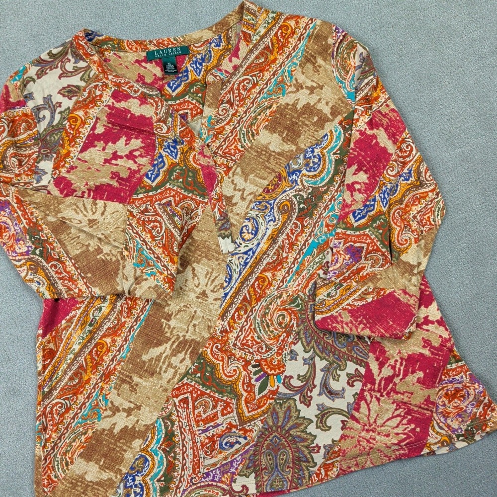 Lauren Ralph Lauren Top Womens XL Multicolor Paisley Patchwork Cotton 3/4 Sleeve